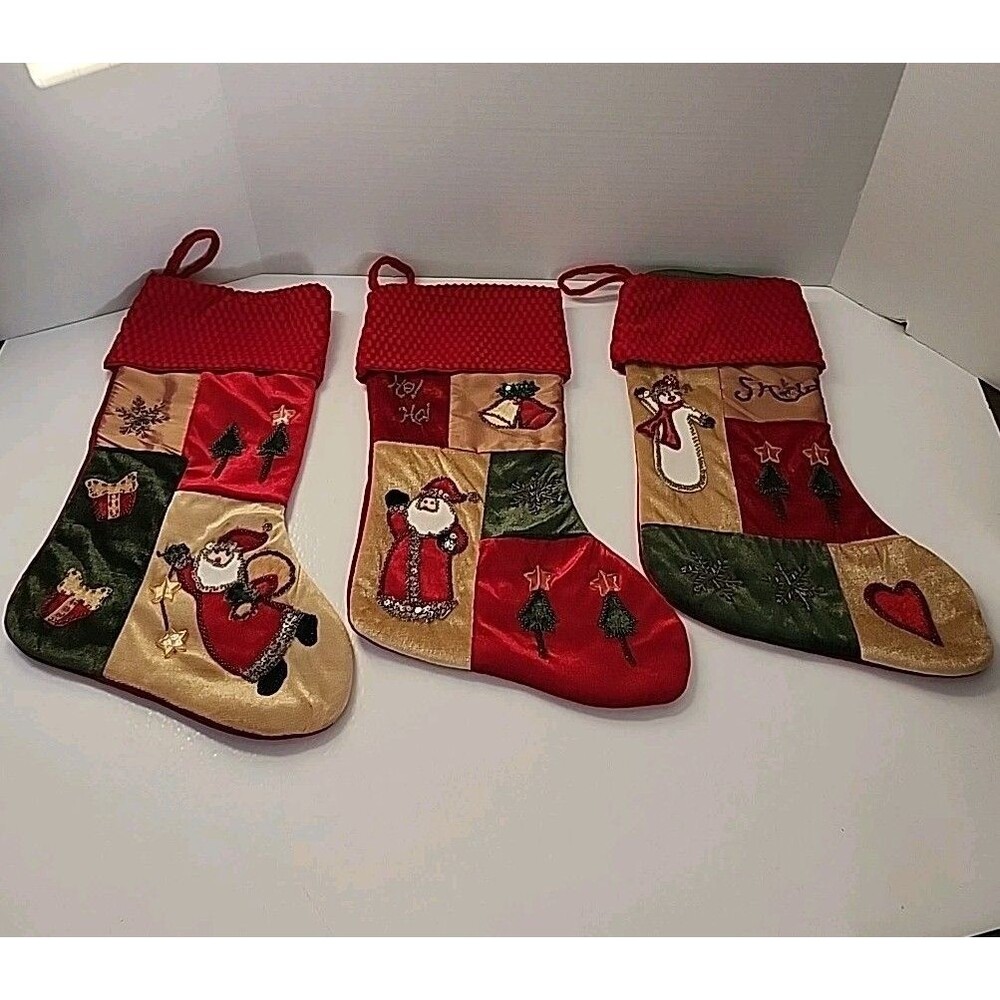 Lot Of 3 Delton Velvet Beaded Accent Christmas Stocking Santa Snowman Red Green